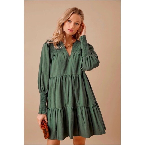 Tuckernuck Pomander Place Smocked Dress Womens Size XS Tiered Long Sleeve Green - Picture 2 of 14